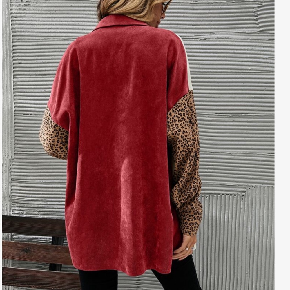 Cozy Corduroy  Oversized Relaxed fit Leopard Print Patch Work Button Down Shirt - Picture 6 of 16